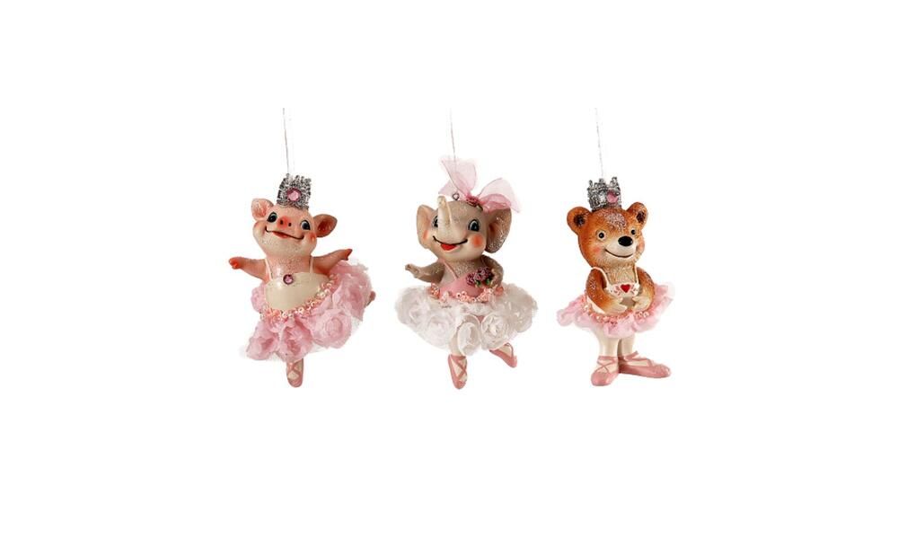 24/96 -3 Asst 10cm Polyresin Ballerina Piggy Elephant Bear