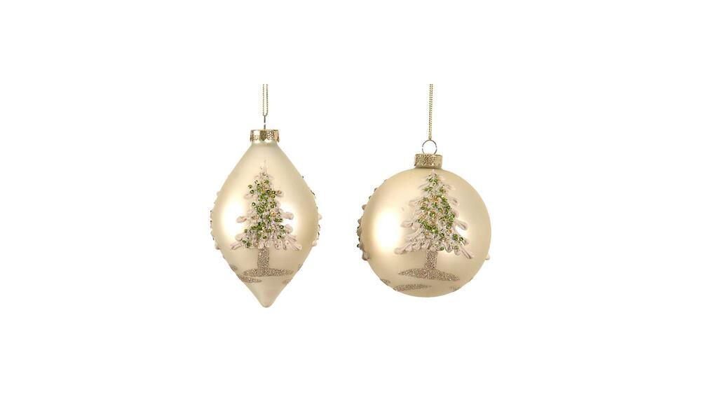 12/36 – 2 Asst 10CM gold glass ball and shuttle ornament