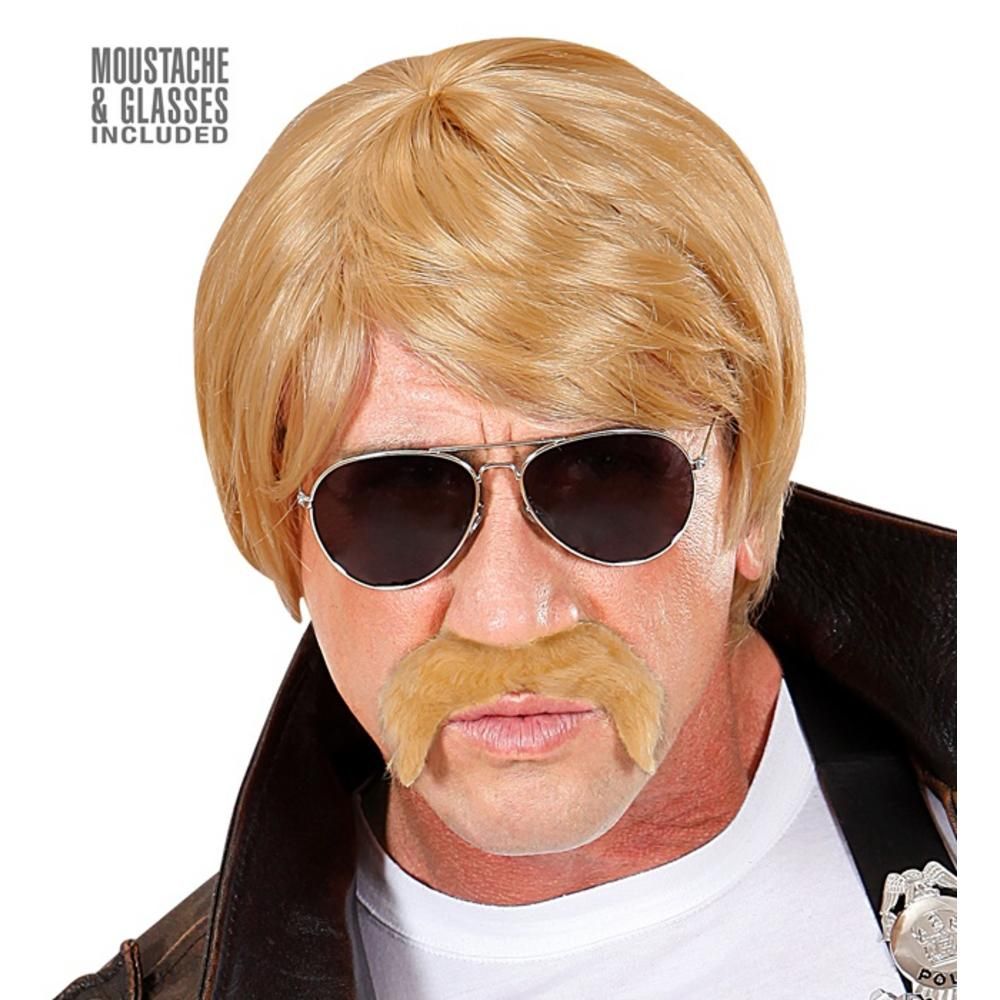 BLOND UNDERCOVER AGENT WIG WITH MOUSTACHE & SUNGLASSES in box
