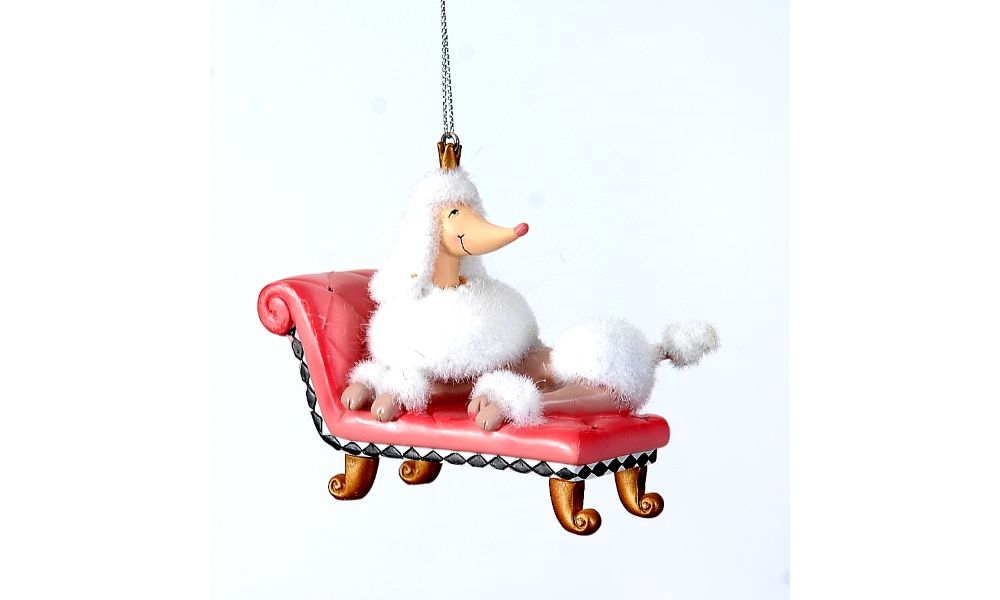 8/48-8cm Polyresin poodle dog w/beauty chair xmas orn