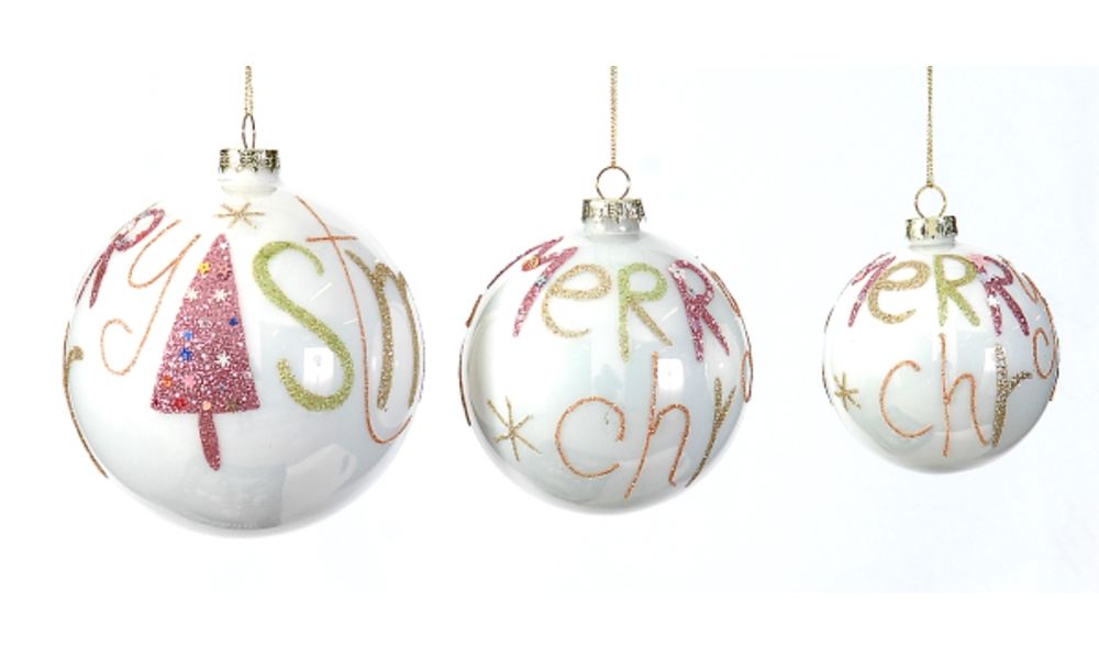 6/24-12cm Glass white ball w/merry christmas text