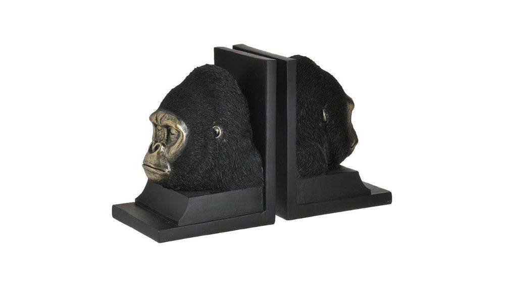 S/2 RESIN BOOKEND GORILLA BLACK/GOLDEN 14X12X18